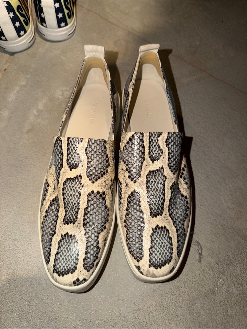 Vince Snake-Print Slip-On Mules in Beige and Black